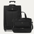front view of the black travelpro maxlite 5 set featuring the carry-on expandable spinner and the drop bottom weekender bag with the spinner handle extended.