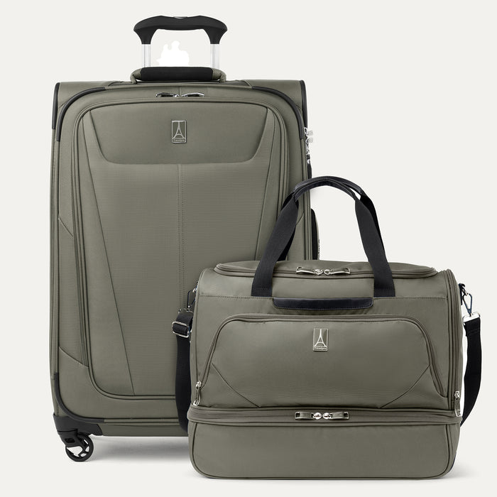 front view of the slate green travelpro maxlite 5 set featuring the carry-on expandable spinner and the drop bottom weekender bag with the spinner handle extended.