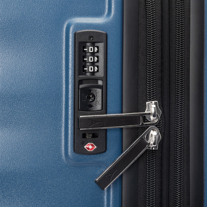 Close-up of TSA Approved Lock on Travelpro Maxlite Air V2 Spinner in Ensign Blue.