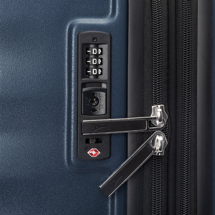 Close-up of Travelpro Maxlite Air V2 Carry-On Hardside Spinner in Midnight Blue, featuring TSA Approved Locks and Waterproof Zippers.