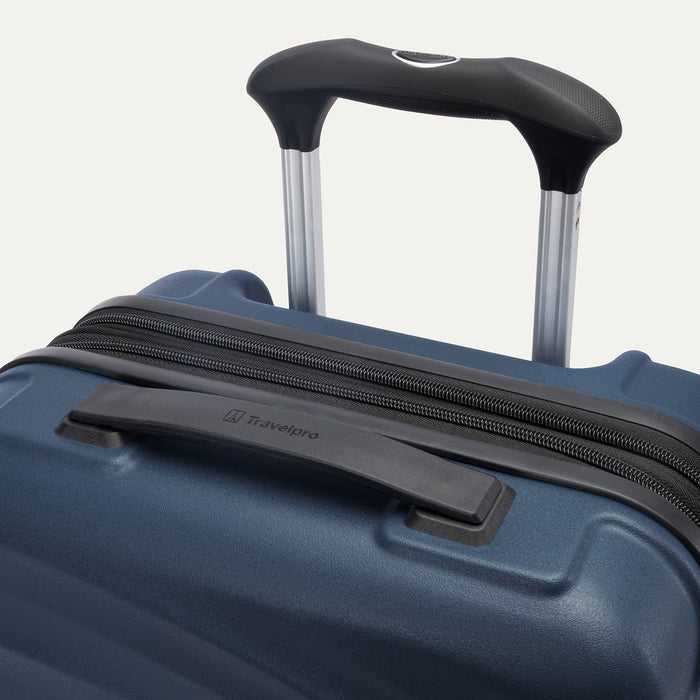 Top view of Travelpro Maxlite Air V2 Carry-On Hardside Spinner in Midnight Blue, showing Contour Grip and PowerScope Lite Handle.