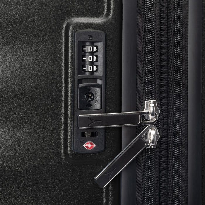 Close-up of Travelpro Maxlite Air V2 Carry-On Hardside Spinner in Black, featuring TSA Approved Locks and Waterproof Zippers.