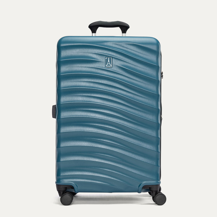 Front view of Travelpro Maxlite Air V2 Check-In Spinner in Teal, highlighting an telescopic handle and smooth-rolling spinner wheels.