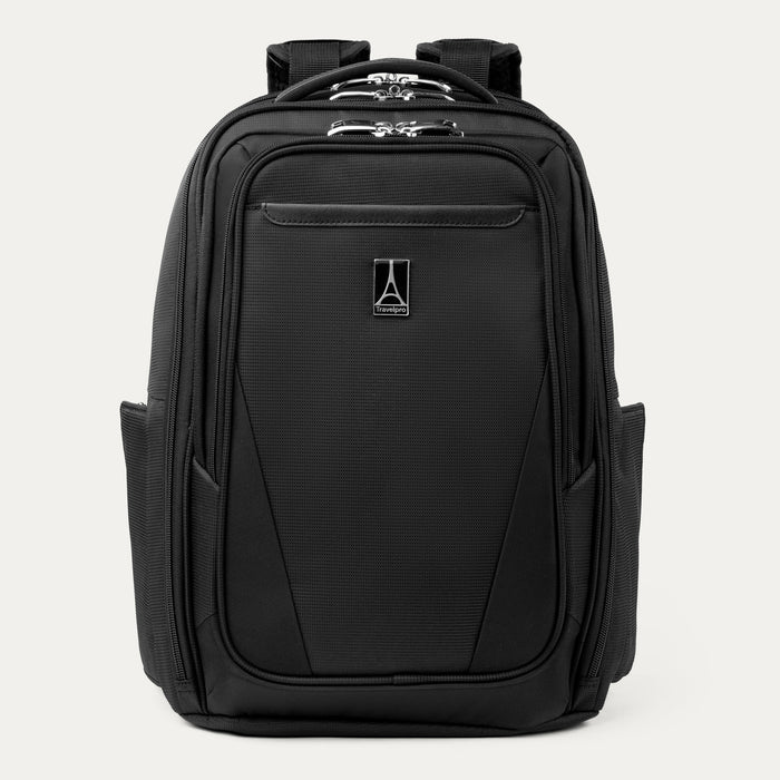 front view of black travelpro maxlite laptop backpack showing the quickslip front pocket and padded top carry handle.