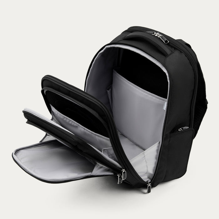interior view of black travelpro maxlite laptop backpack showing empty gray lined main compartment and front organizational pockets.