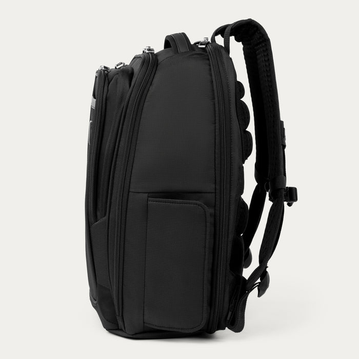 side profile view of black travelpro maxlite laptop backpack showing adjustable padded shoulder straps and side accessory pocket.