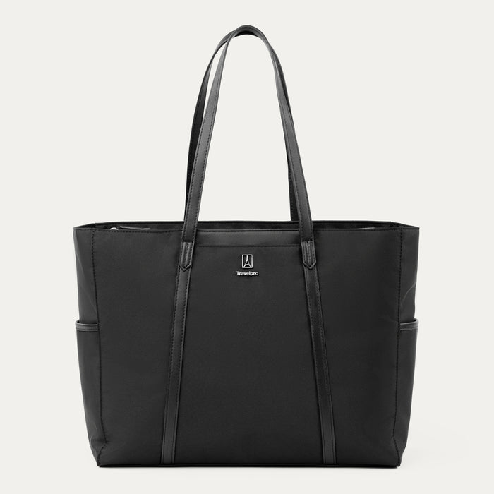 front view of black travelpro maxlite women's tote showing the sleek bale handles and travelpro logo on a clean white background.