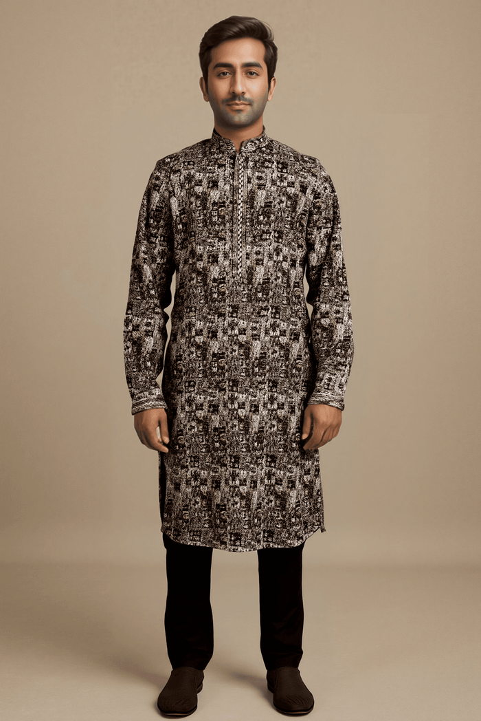 Men Black And Grey Multi Embroidered Straight Kurta With Trouser.