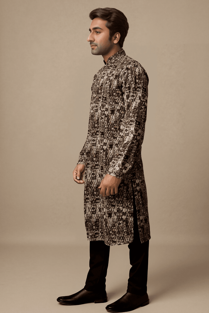 Men Black And Grey Multi Embroidered Straight Kurta With Trouser.