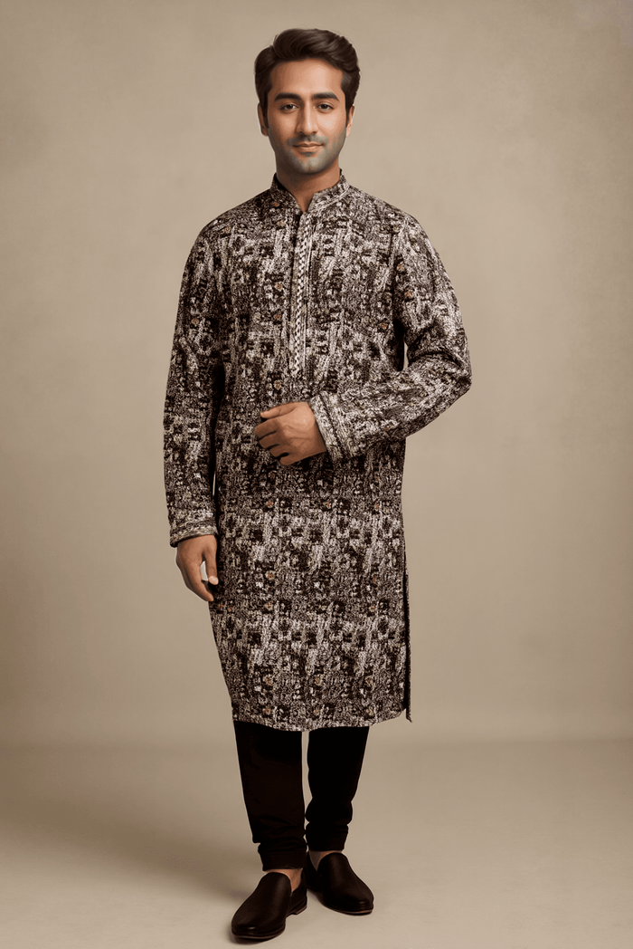 Men Black And Grey Multi Embroidered Straight Kurta With Trouser.
