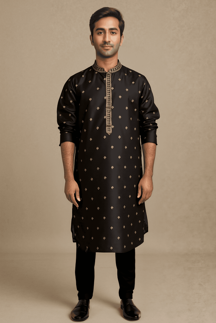 Men Black Woven Straight Kurta With Trouser.