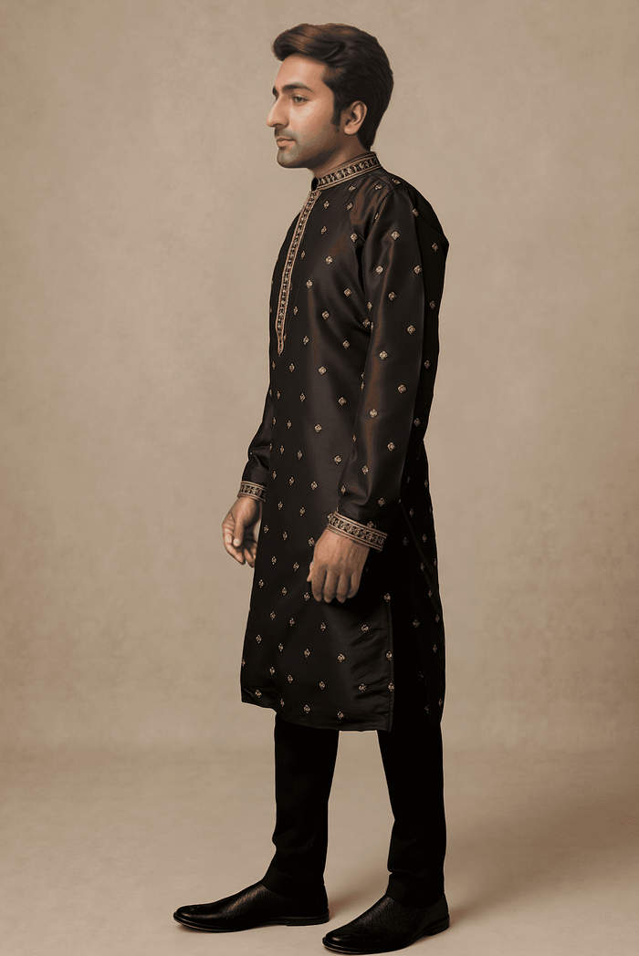Men Black Woven Straight Kurta With Trouser.