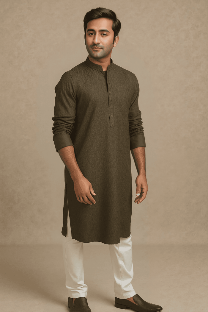 Men Dark Olive Embroidered Straight Kurta With Trouser.