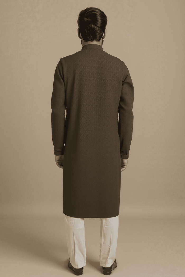 Men Dark Olive Embroidered Straight Kurta With Trouser.