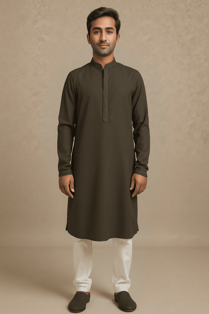 Men Dark Olive Embroidered Straight Kurta With Trouser.