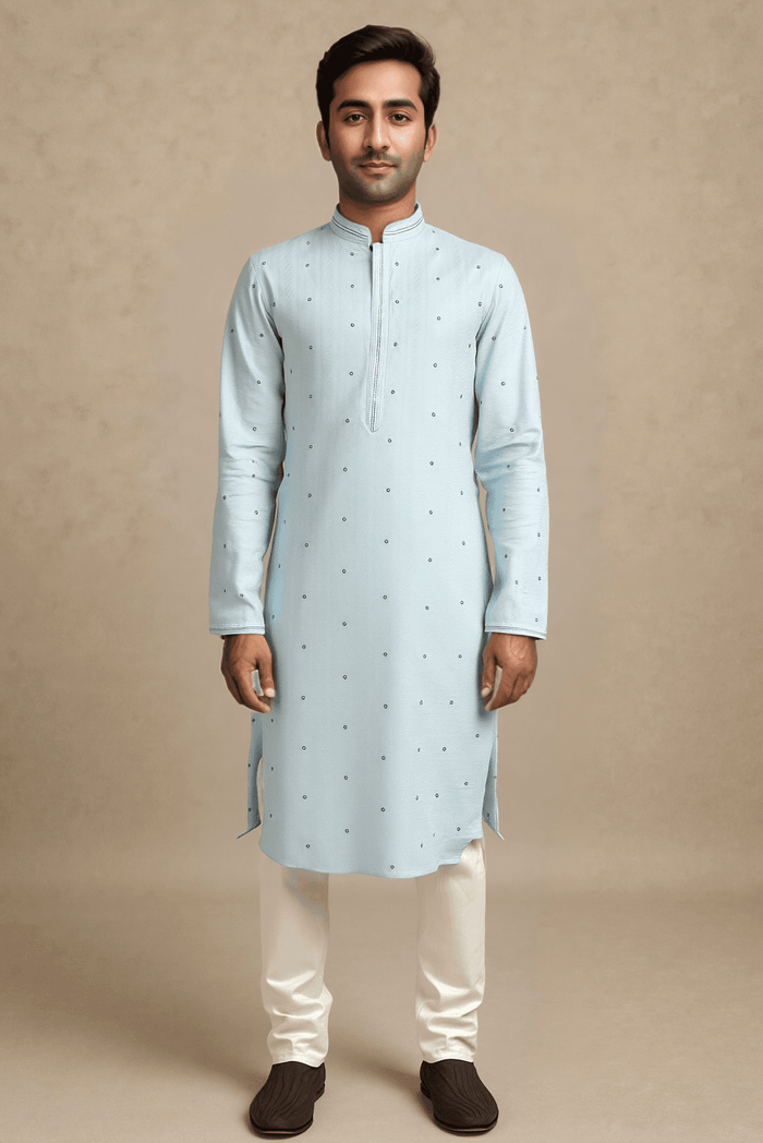 Men Light Blue Woven Straight Kurta With Trouser.