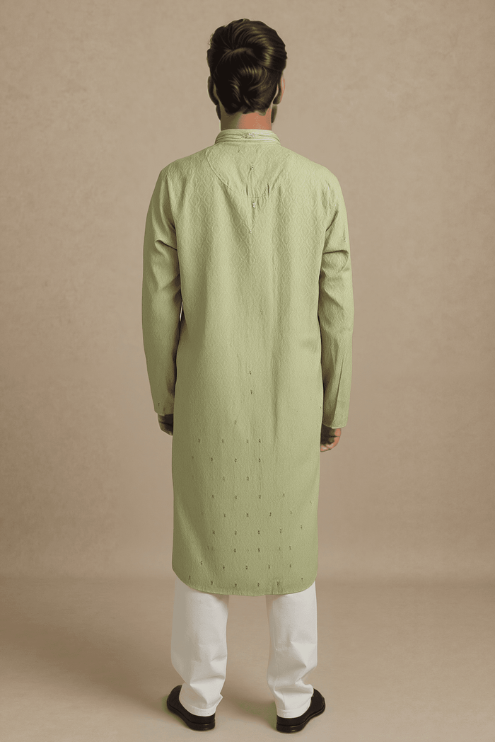 Men Mint Green Woven Straight Kurta.
