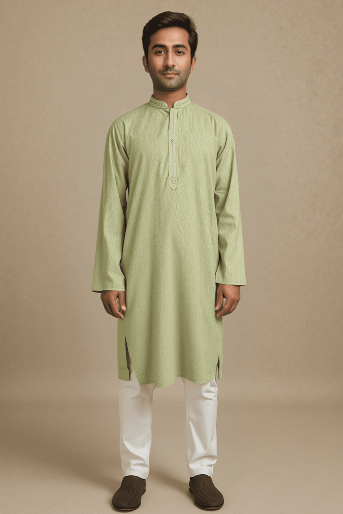 Men Mint Green Woven Straight Kurta.