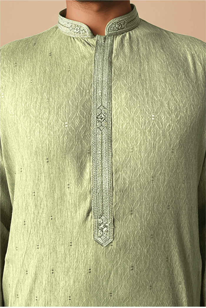 Men Mint Green Woven Straight Kurta.