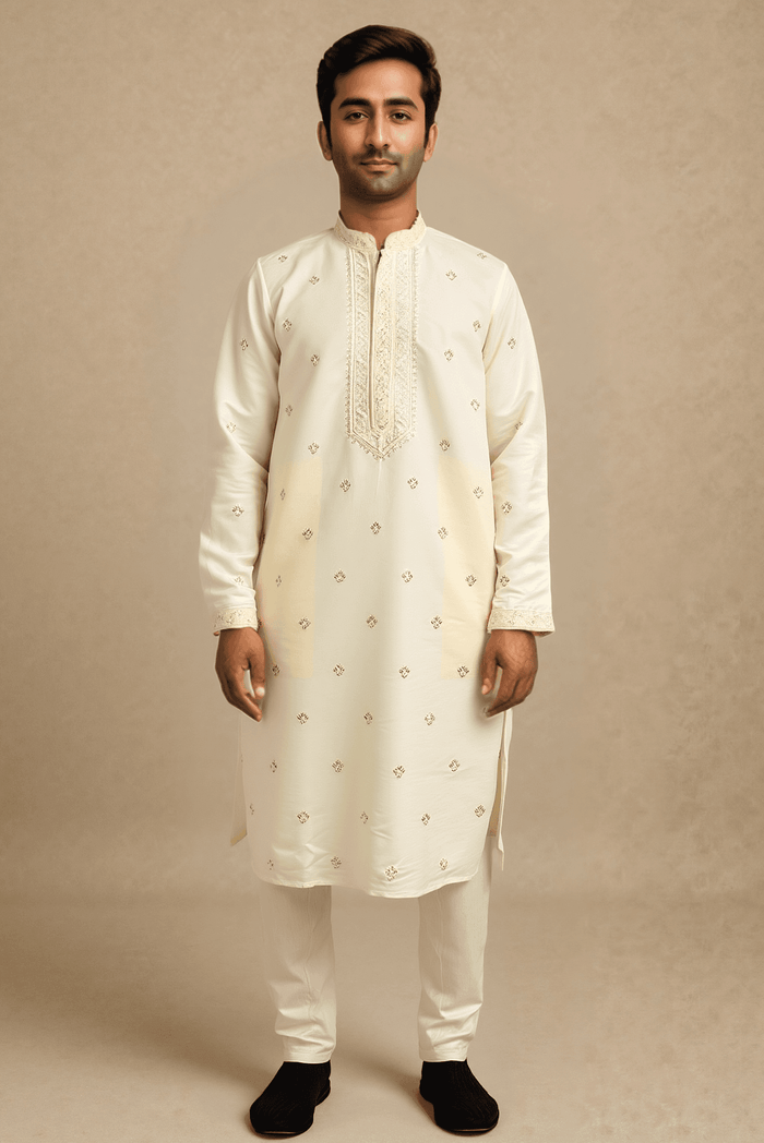Men Off White Embroidered Straight Kurta With Trouser.