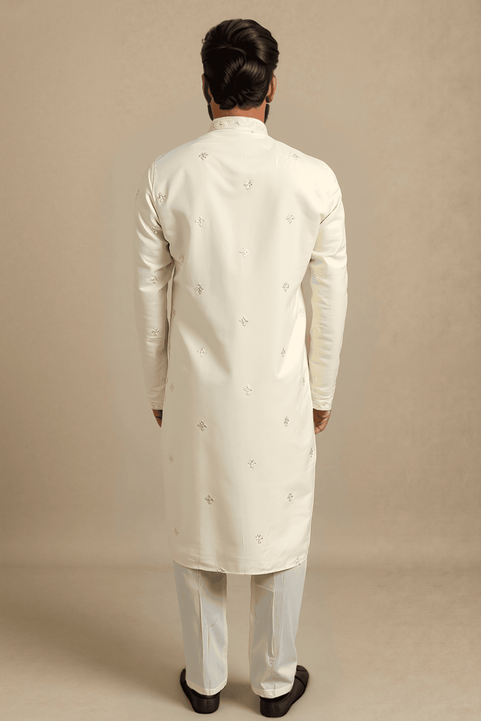 Men Off White Embroidered Straight Kurta With Trouser.