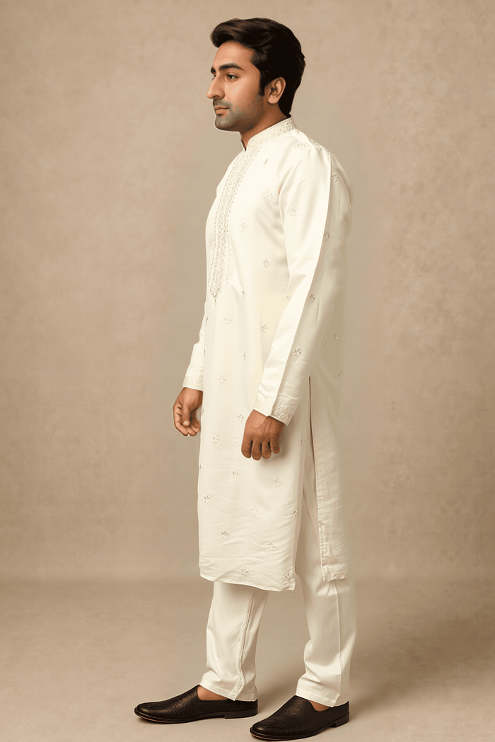 Men Off White Embroidered Straight Kurta With Trouser.