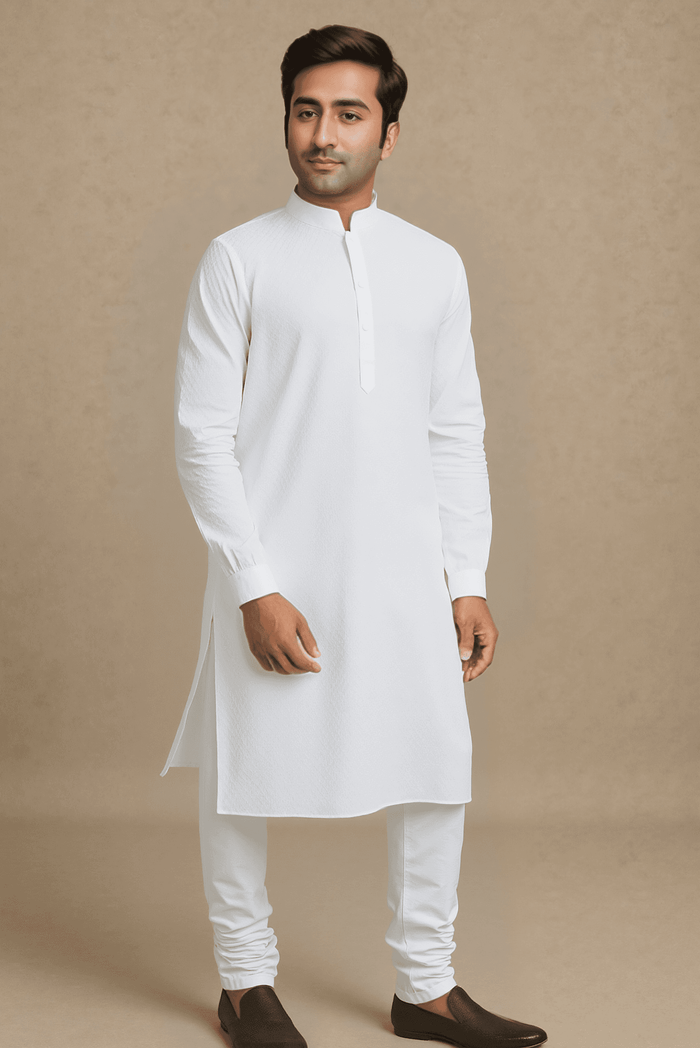 Men Off White Solid Straight Kurta.