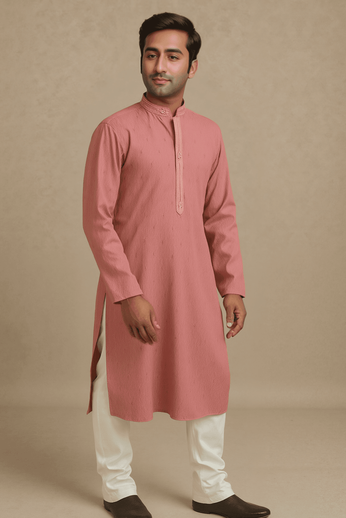 Men Peach Woven Straight Kurta.
