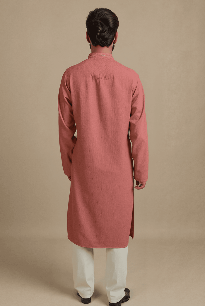 Men Peach Woven Straight Kurta.