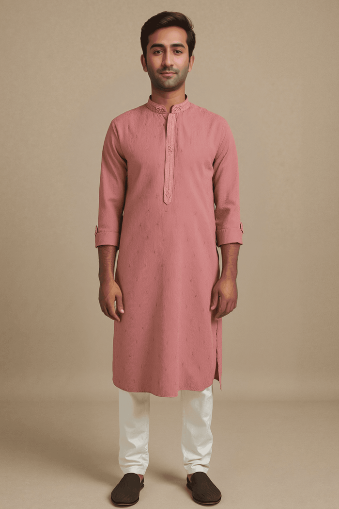 Men Peach Woven Straight Kurta.