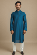 Men Peacock Blue Solid Straight Kurta.