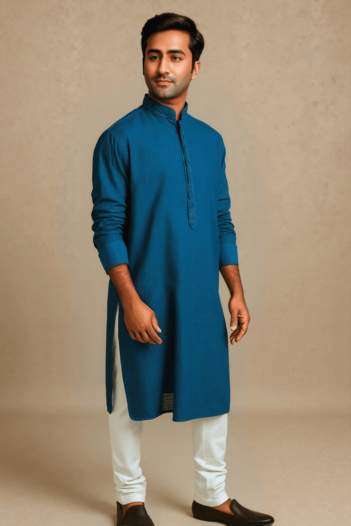 Men Peacock Blue Solid Straight Kurta.