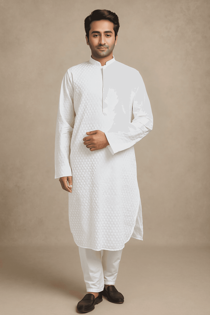 Men White Embroidered Straight Kurta With Trouser.
