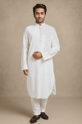 Men White Embroidered Straight Kurta With Trouser.