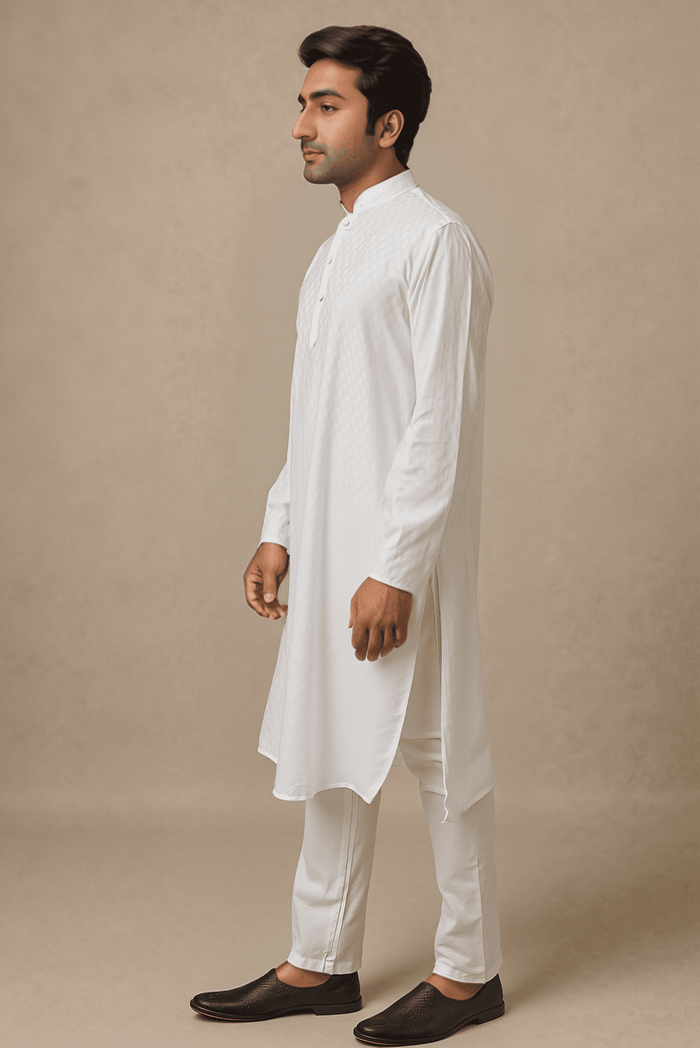 Men White Embroidered Straight Kurta With Trouser.