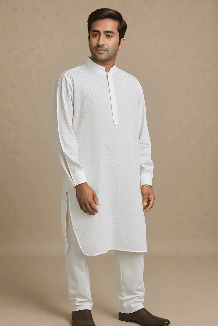 Men White Embroidered Straight Kurta With Trouser.