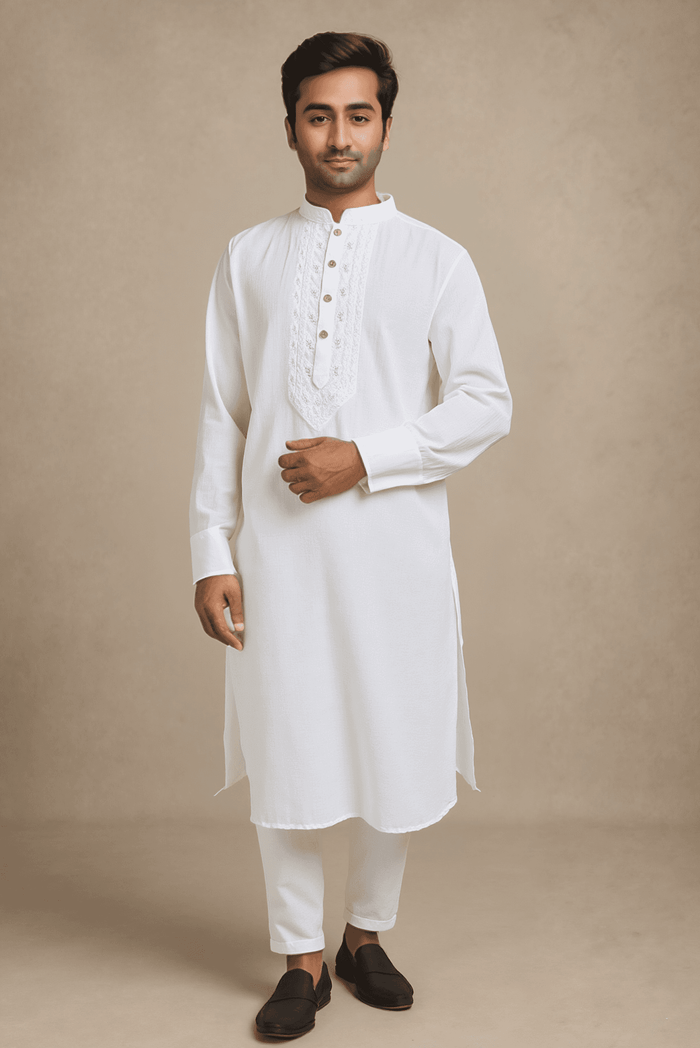 Men White Solid Straight Kurta With Trouser.