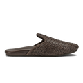 Dark brown woven leather slip-on mule with a cushioned sole and curved heel detail.