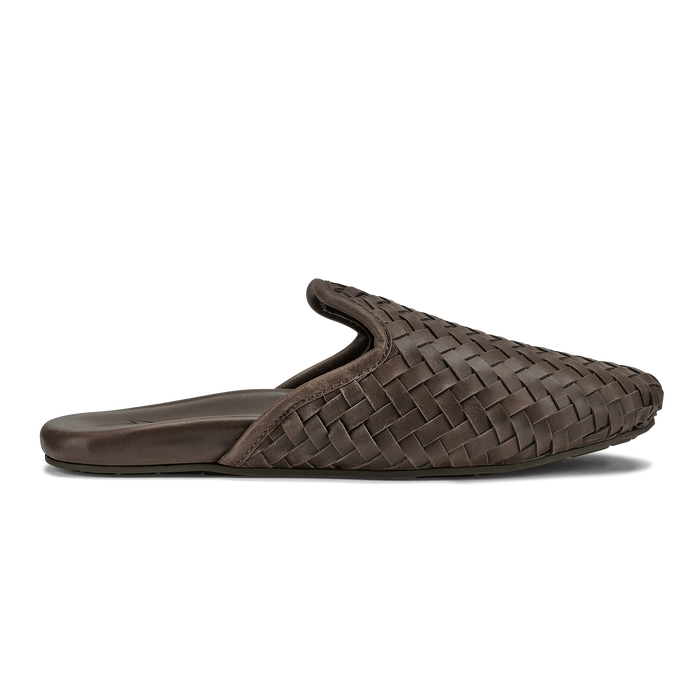 Dark brown woven leather slip-on mule with a cushioned sole and curved heel detail.