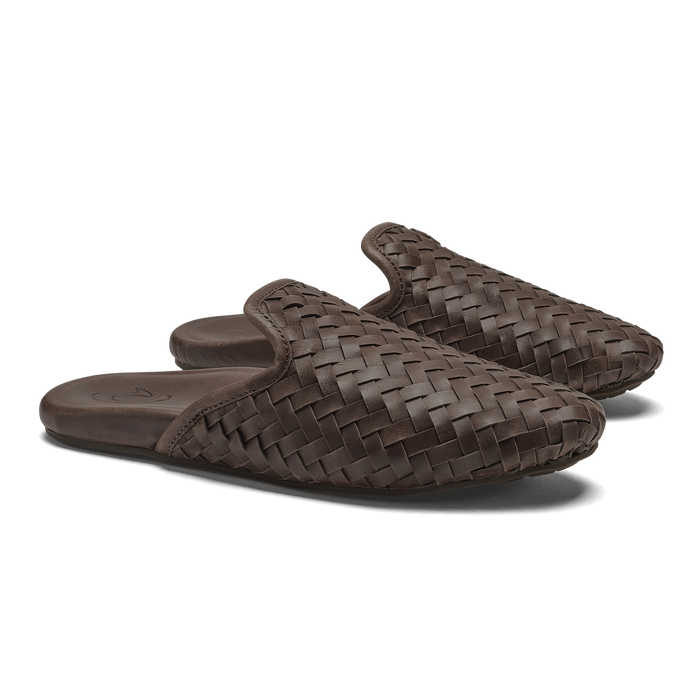 Dark brown woven leather mules with a basketweave pattern and rounded toe, shown in a pair from an angled view.