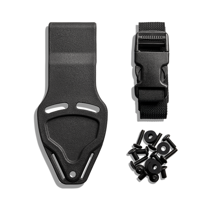 Kore Essentials Mini Holster Mount for 1.5" EDC Gun Belts on a White Background with Included Leg Strap and Hardware for Installation
