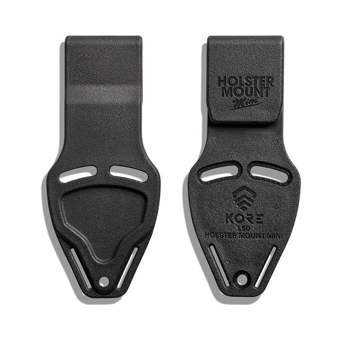 Kore Essentials Mini Holster Mount for 1.5" EDC Gun Belts on a White Background/. Displayed is the Front and Back of the Mini Holster Mount