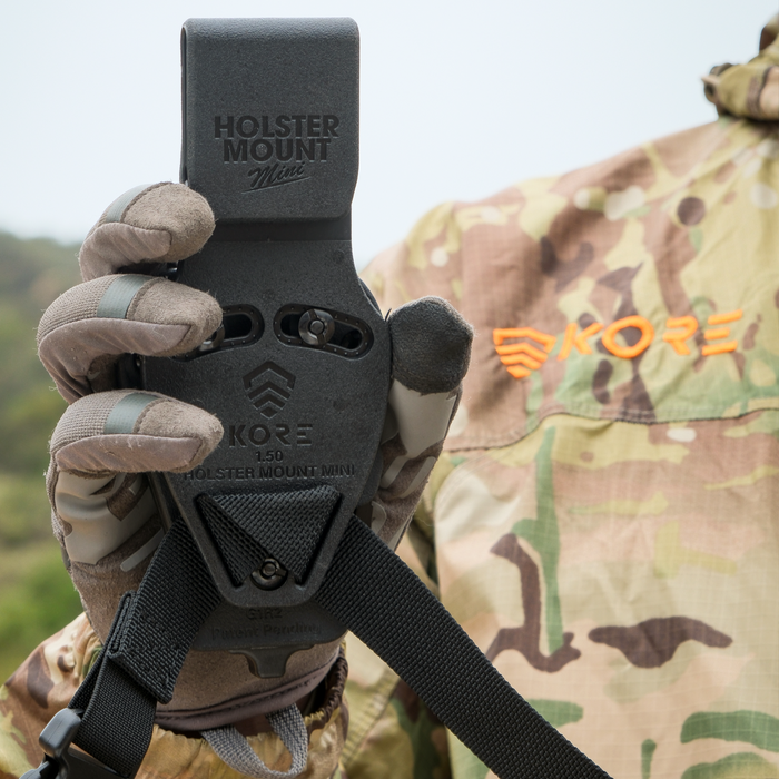 A man holds the kore holster mount mini upright, displaying the backside of the kore mount mini.