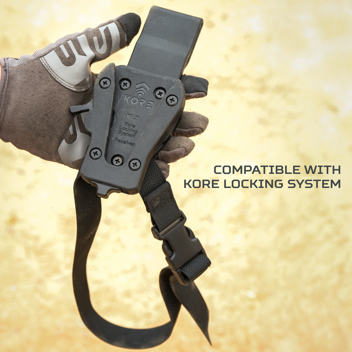 Hand holding a black KORE locking system component against a beige background