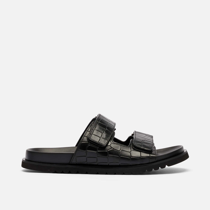Monaco Black Crocskin Leather Strap Sandals