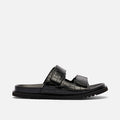 Monaco Black Crocskin Leather Strap Sandals