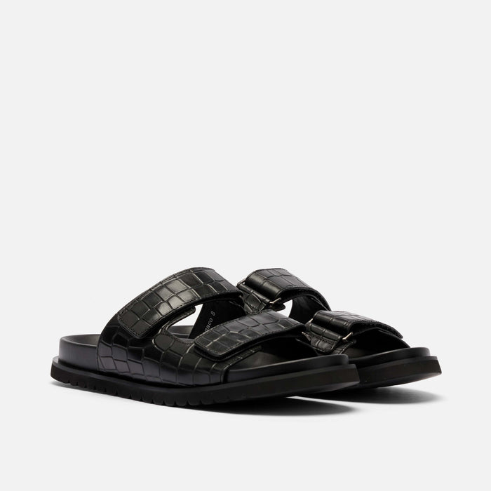 Monaco Black Crocskin Leather Strap Sandals