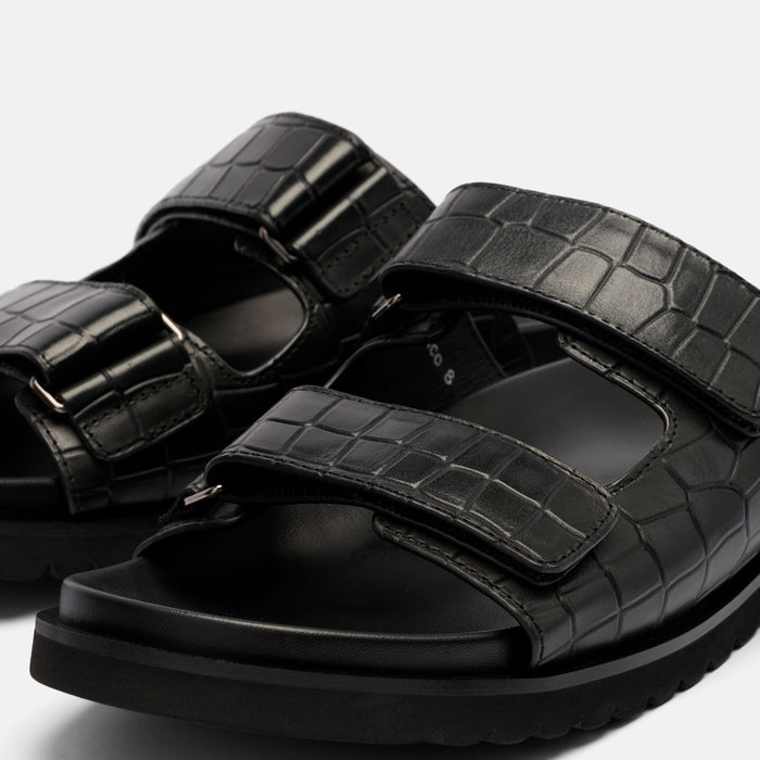 Monaco Black Crocskin Leather Strap Sandals