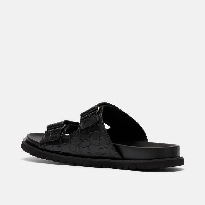 Monaco Black Crocskin Leather Strap Sandals