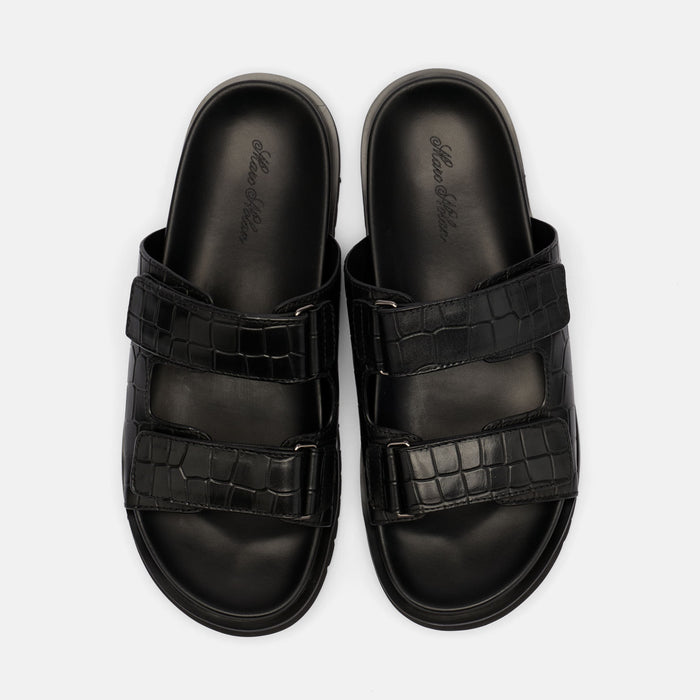 Monaco Black Crocskin Leather Strap Sandals